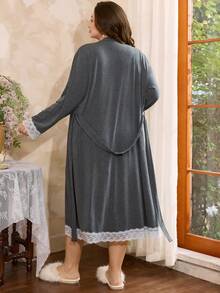 Côtesoire 2pcs Sexy Grey Lace Camisole Nightgown And Robe Set - Grey - View 2