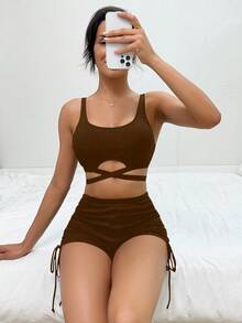 Swim Basics Women's Solid Color Minimalist Daily Swimwear Set - Brown - View 3
