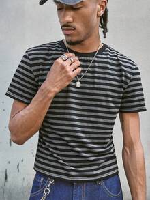 AXEPEAK Men's Casual Striped Print Round Neck Short Sleeve T-Shirt - Black - View 4