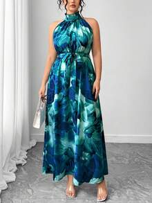 Elenzga 大码女士扎染印花无袖连衣裙，收腰设计，立领，简约时尚，适合通勤穿着。 - 彩色 - 查看 3