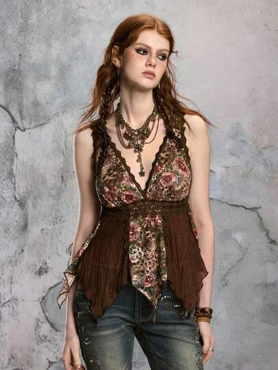 Hippie Camiseta de tirantes con cuello en V y estampado floral para mujer