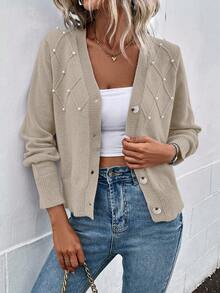 EMERY ROSE 女士纯色珍珠装饰开衫 - 杏色 - 查看 3