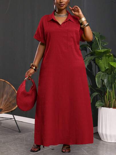 Slaydiva 2025 Spring/Summer New Casual Vacation & Commute & Daily Wear Solid Green Loose Drop Shoulder Sleeve Pocket Hem Slit Shirt Collar Half Open Front Woven Textured Fabric Women Plus Size Long Shirt Dress