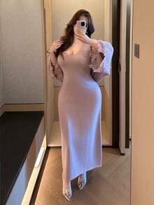 Flirla 2件套秋冬舒适蕾丝边针织披肩开衫连衣裙套装 - 淺灰紫 - 查看 1