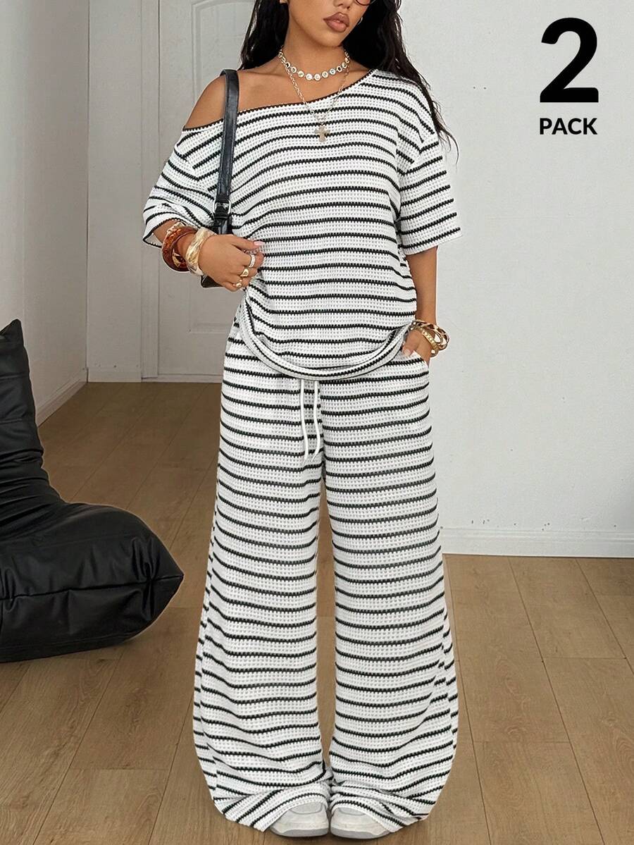 Coolane Women's  Winter  Concert Outfit	Rave Outfit	Festival	Going Out	Rave Outfit	Renaissance Fair	Club Outfits	Party  Knit  Striped  Graphics  Off The Shoulder  Two Piece - Black and White - View 1