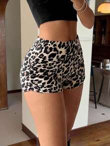 SHEIN EZwear Women Leopard Print Elastic Waist Ruched Shorts