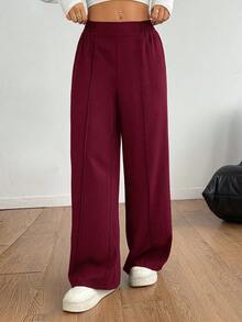 SHEIN PETITE 黑色Y2K纯色阔腿裤正装裤秋冬搭配 - 酒紅色 - 查看 5