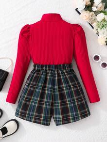 Sparklyn Two Pieces Children's Sweet Elegant High Collar Red Groove Fabric Puff Sleeve Undershirt Casual Red And Green Check College Style Elastic Waist Skirt Pants Set Summer Suitable For Daily Wear Commuting Style - Red - View 7