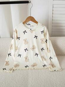 蝴蝶结和小熊印花圆领长袖休闲舒适女童睡衣套装 - 杏色 - 查看 3