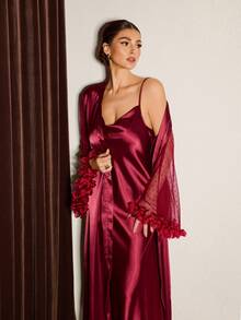 Slumberist Women's Satin Pajama Set, Side Splice Sexy Polka Dot Mesh V-Neck Nightgown, Robe Cuff Splice 3D Floral Lace - Burgundy - View 4