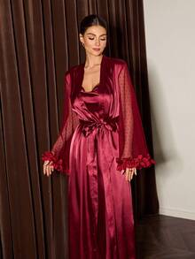 Slumberist Women's Satin Pajama Set, Side Splice Sexy Polka Dot Mesh V-Neck Nightgown, Robe Cuff Splice 3D Floral Lace - Burgundy - View 5