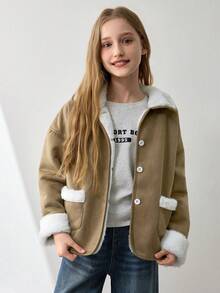 SHEIN Tween Girls Casual Warm Fleece Jacket, Autumn/Winter - Khaki - View 5