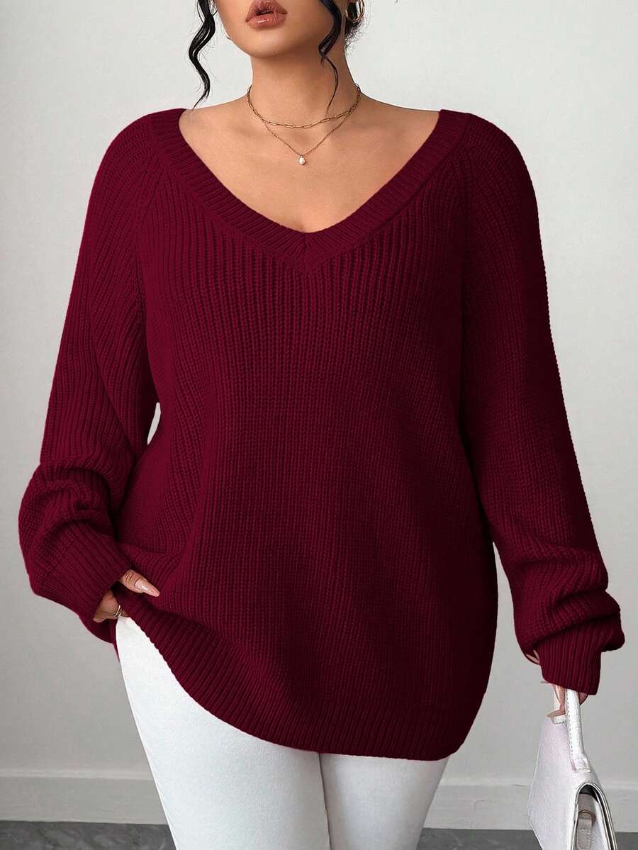 SHEIN Tall CURVE 大码女式纯色休闲V领插肩袖套头毛衣 - 酒紅色 - 查看 1