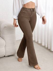 SHEIN PETITE Quần jeans ống loe cạp cao đơn giản, màu trơn, dễ phối đồ, phù hợp đi làm hàng ngày dành cho nữ - Màu Khaki - Xem 6