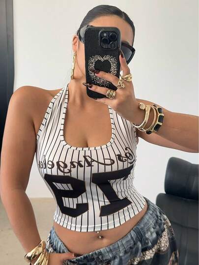 POPSWAY 大码性感U领细肩带撞色条纹印花露脐吊带衫