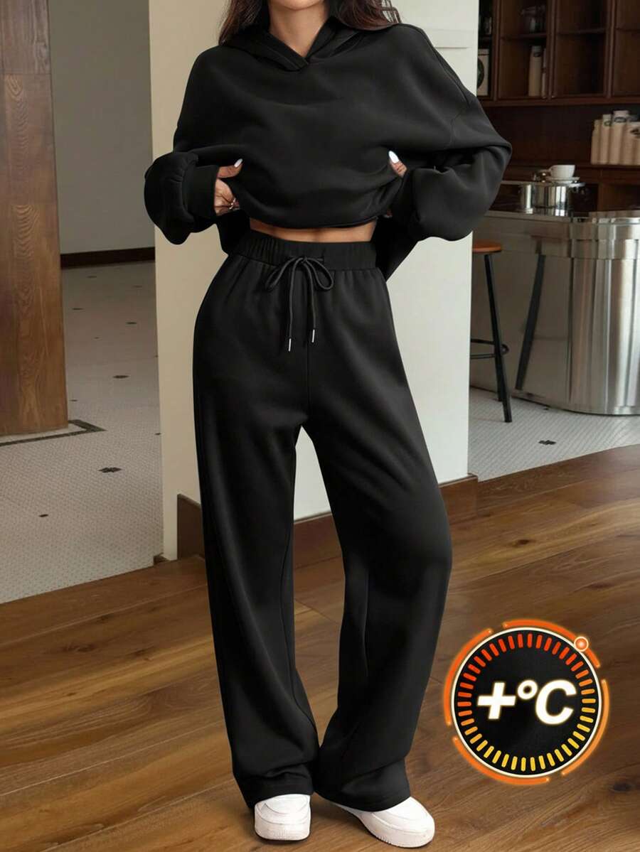 Muchica Bộ 2 món/Bộ áo hoodie lót nhiệt thường ngày cho nữ và quần dài, Thu/Đông - màu đen - Xem 1