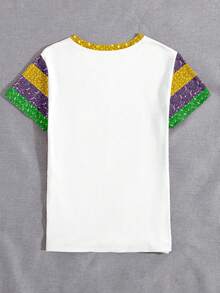 EMERY ROSE Áo thun nữ cổ tròn tay ngắn thoải mái họa tiết tương phản chữ và kim sa nhiều màu sắc theo phong cách lễ hội, thích hợp mặc hàng ngày và lễ hội - Nhiều màu - Xem 2