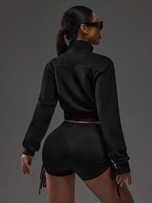 Dewbera Women Casual Zip-Up Cropped Sports Jacket - Black - View 4