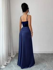 Elenzga 新款可调节吊带天鹅绒拼接针织面料优雅修身长裙，适合女士出席宴会、约会、派对等场合 - 藍色 - 查看 2