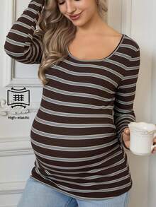 SHEIN Randig, figurnära, långärmad t-shirt för gravida, höst - Brun - Visa 3