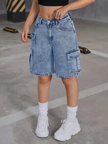 SHEIN Teen Girls Y2K Fashionable Low Waist Flap Pocket Baggy Denim Cargo Jeans Shorts,Teen Girl Back To School Clothes Outfits - Light Wash - View 6