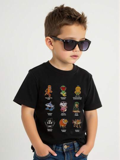 Young Boys Casual Fashionable Comfortable Funny Italian Brainrot Character Grid Print Short Sleeve Round Neck T-Shirt, Black, Spring/Summer