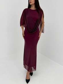 Aloruh Eggplant Purple Asymmetrical Sleeve Bodycon Mesh Party Dress For Women - Red Violet - View 5