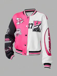 SHEIN Girlism Teen Girls Casual Street Baseball Jacket, Long Sleeve Fitted Pink White Black Logo Graphic Print Coat, Autumn/Winter - Multicolor - View 9