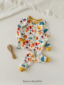 Cozy Pixies Bộ đồ ngủ ôm sát cho bé trai, áo len dài tay cổ tròn họa tiết gấu hoạt hình mềm mại và quần dài cạp chun, bộ đồ hai mảnh bó sát, lót nhiệt chống nắng nhiều màu, thích hợp cho mùa đông - Màu xanh lam - Xem 5