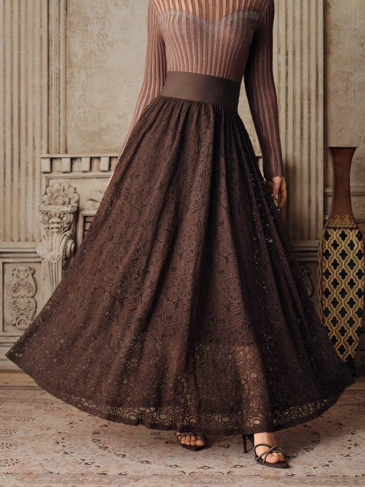 Women's New A-Line Lace Skirt, High Waist, Elegant, For Winter