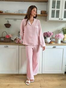 Snug Reverie Pink Striped Patchwork Lapel Long Sleeve Pajama Set Light Pink Pajama Set Bridesmaid Pajamas Set Personalised Sleep Wear Women 2 Pieces Set Mom Pink Pj Set Women Women's Loungewear Set - Baby Pink - View 6