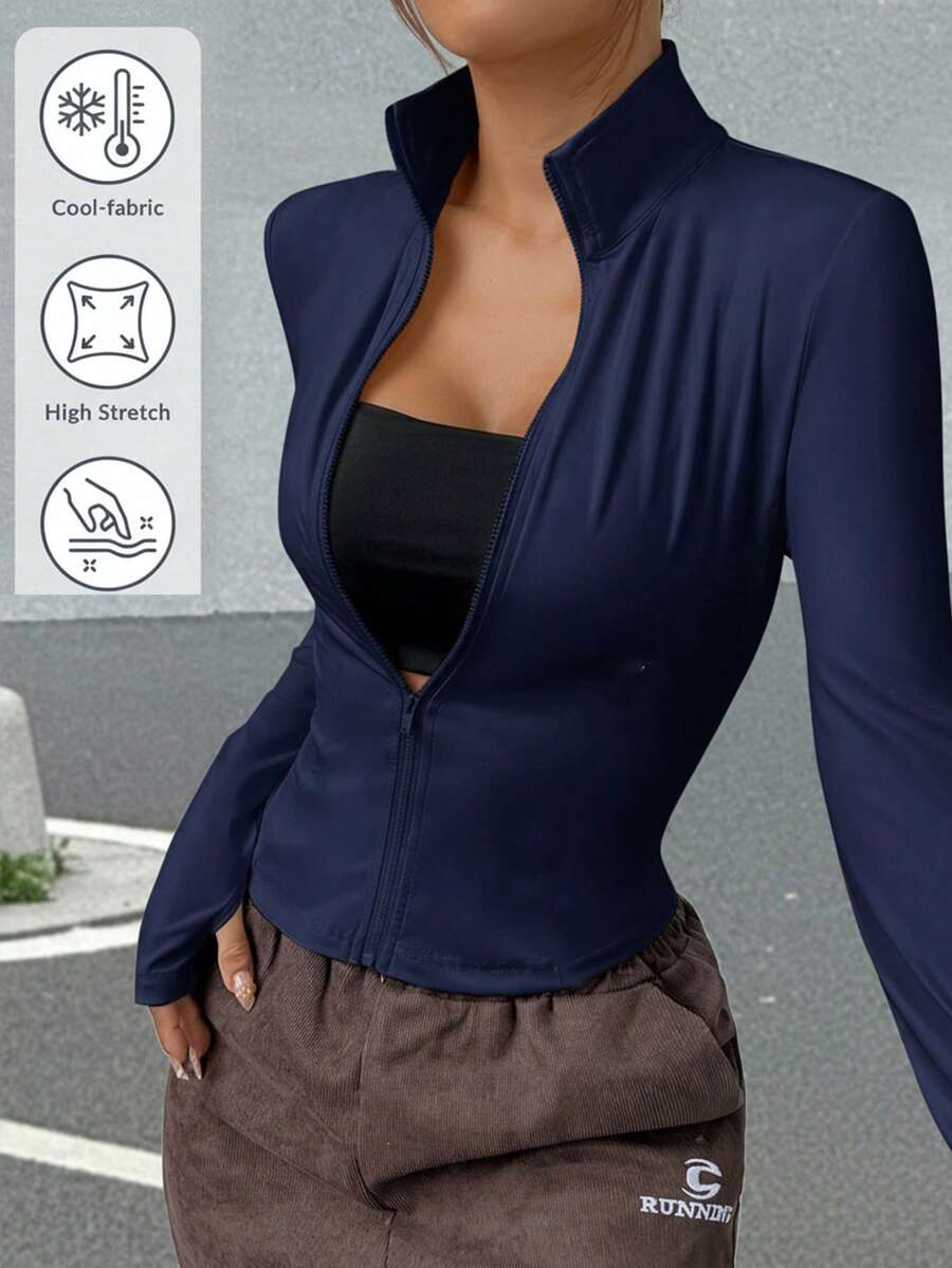 SHEIN EZwear 1pc Women's Navy Knit Lightweight Fitted Jacket For Sun Protection In Fall/Winter - Navy Blue - View 1