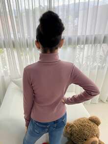 SHEIN 青少年女孩厚款高領針織套頭T恤，灰粉色，秋季休閒校園時尚長袖上衣，修身純色上衣 - 淺粉色 - 查看 2