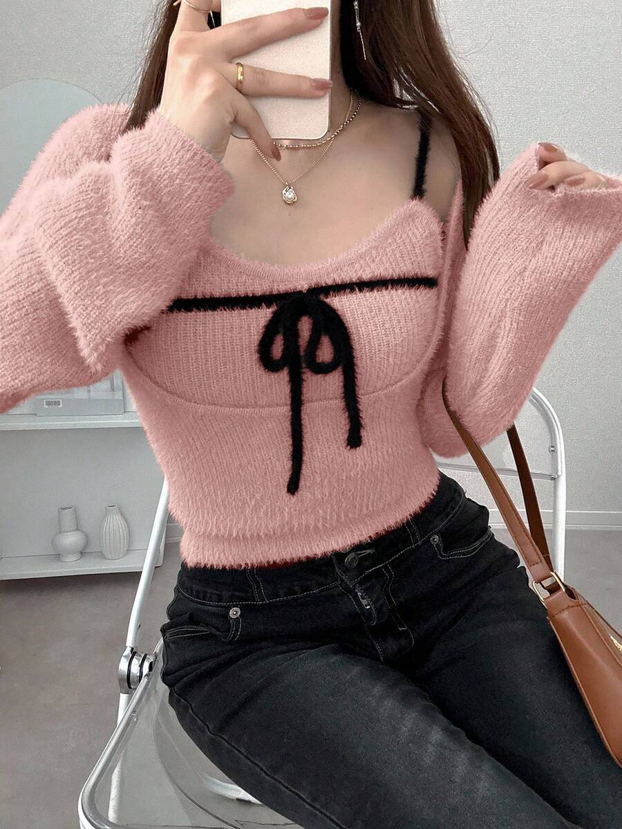FRIFUL Women's Apricot Solid Color Inner Pocket Sleeveless Jacket, Long Sleeve Contrast Color Black Drawstring Bow Knit Sweater 2-Piece Set, Autumn Spring - Pink - View 1