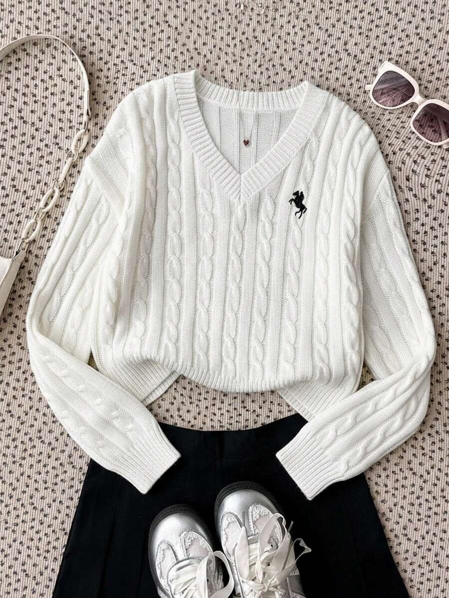 SHEIN Tween Girl Simple Solid V-Neck Long Sleeve Sweater, Casual Daily Wear, Autumn/Winter Long Sleeve Top, Collegiate V-Neck Long Sleeve Sweater, Embroidered Sweater Suitable For Everyday, School, Vacation, Party Occasions - White - View 1