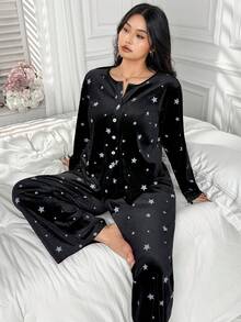 Dazy Plus Aksamitny, swobodny, luźny, pogrubiony komplet piżamy damskiej w dużym rozmiarze, top i spodnie - Czarne - Zobacz 6