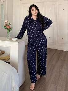 Dazy Plus 2pcs Plus Size Women Casual Bow Print Loose Pajama Set, Comfortable Home Wear For Spring & Autumn - Navy Blue - View 9