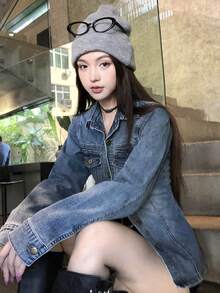 DAZY 女士休闲做旧牛仔衬衫，街头风长袖 - 藍色 - 查看 8