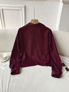 Modelyn Collared Tie-Front Long Sleeve Cinched Waist Striped Casual Shirt For Women