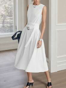 Aalyst Summer Casual Commuting Solid Color Sleeveless Dress - White - View 1