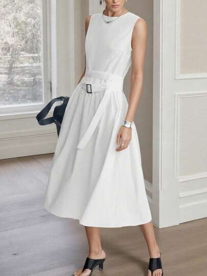 Duskaine Summer Casual Commuting Solid Color Sleeveless Dress