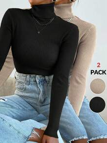 Modelyn 2pcs Women Casual Everyday Commute Simple Solid Color Ribbed Knit Turtleneck Slim Fit Sweater, Autumn/Winter - Black - View 1