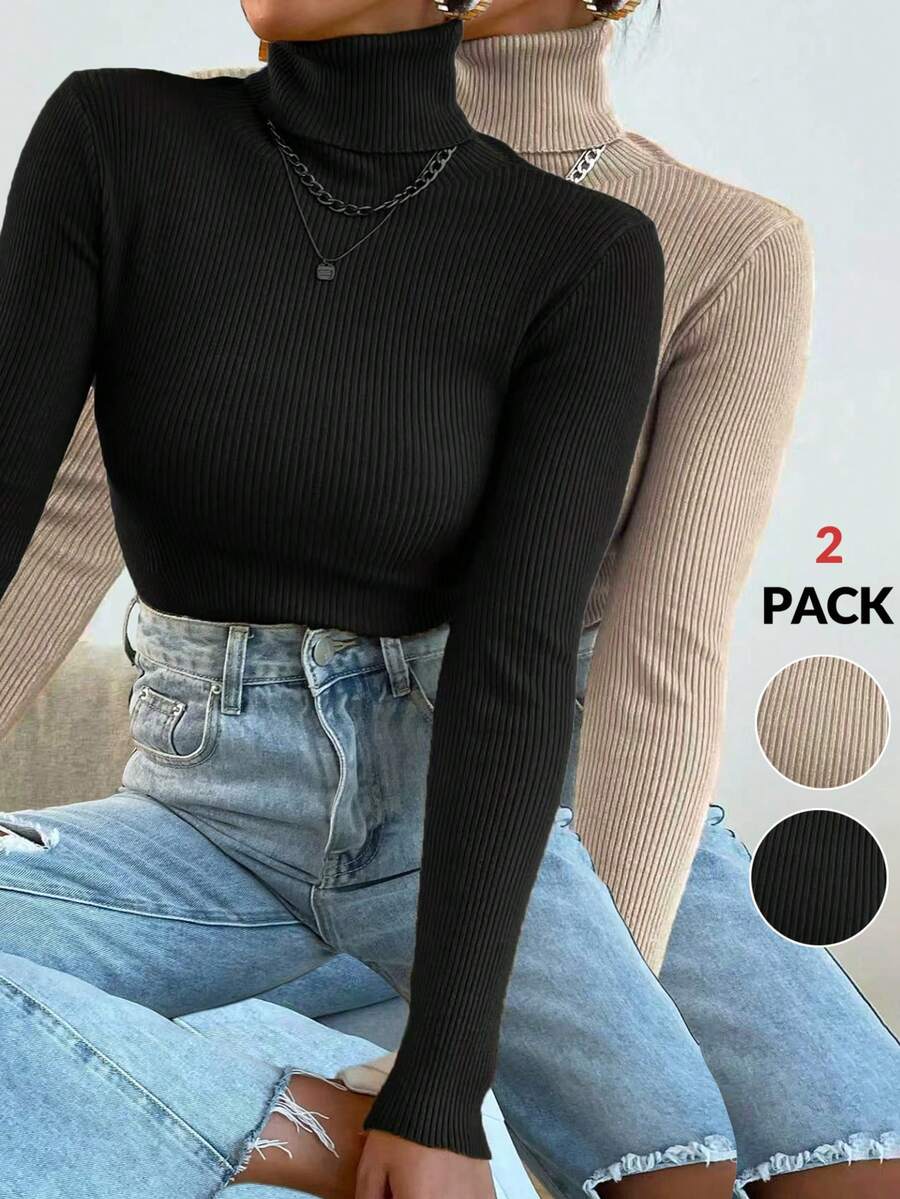 Modelyn 2pcs Women Casual Everyday Commute Simple Solid Color Ribbed Knit Turtleneck Slim Fit Sweater, Autumn/Winter - Black - View 1