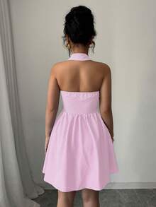 Elenzga 女士休闲翻领单排扣条纹迷你连衣裙 - 粉色 - 查看 2