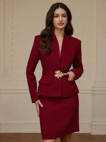 Aveloria Modichic Women's Asymmetric Waist Belt Collarless Long Sleeve Blazer & Pencil Skirt Suit Set - Red - View 5