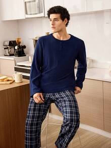 CoupledUp Men's Casual Solid Color Round Neck Half-Zip Fleece Long Sleeve Top And Plaid Pants Pajama Set - Navy Blue - View 7