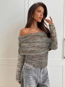 Aloruh Women's Sexy & Elegant Off-Shoulder Ruched Fitted Long Sleeve Knit T-Shirt - Grey - View 5