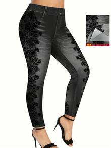 SHEIN LUNE Plus Size Women's Fashion Design Lace Trim Denim Effect Casual Leggings - Multicolor - View 4