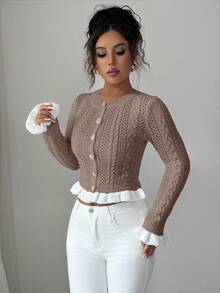 Elenzga Women's Autumn New Knitted Fitted Round Neck Ruffle Cuff Short Cardigan, Metal Button Design, Sweet, Versatile For Date And Valentine's Day - Apricot - View 5