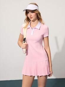 CourtClass 撞色拼接领半拉链前褶运动连衣裙 - 粉色 - 查看 1